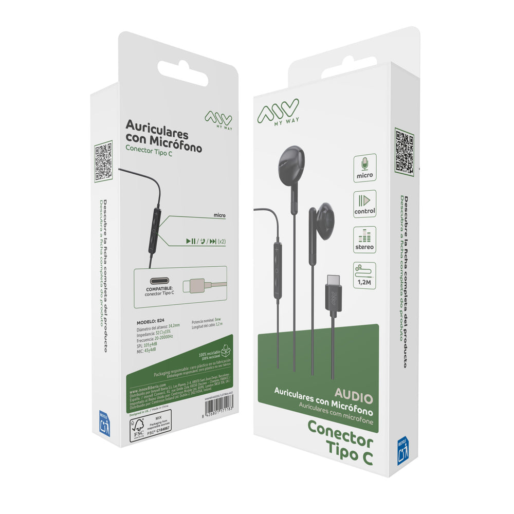 Auriculares Myway MWHPH0033 estéreo tipo C con micrófono negro