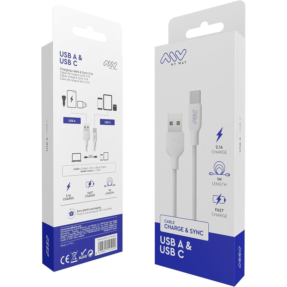 Cable Myway MWUSC0019 USB-Tipo C 2,1A de 1m carga rápida
