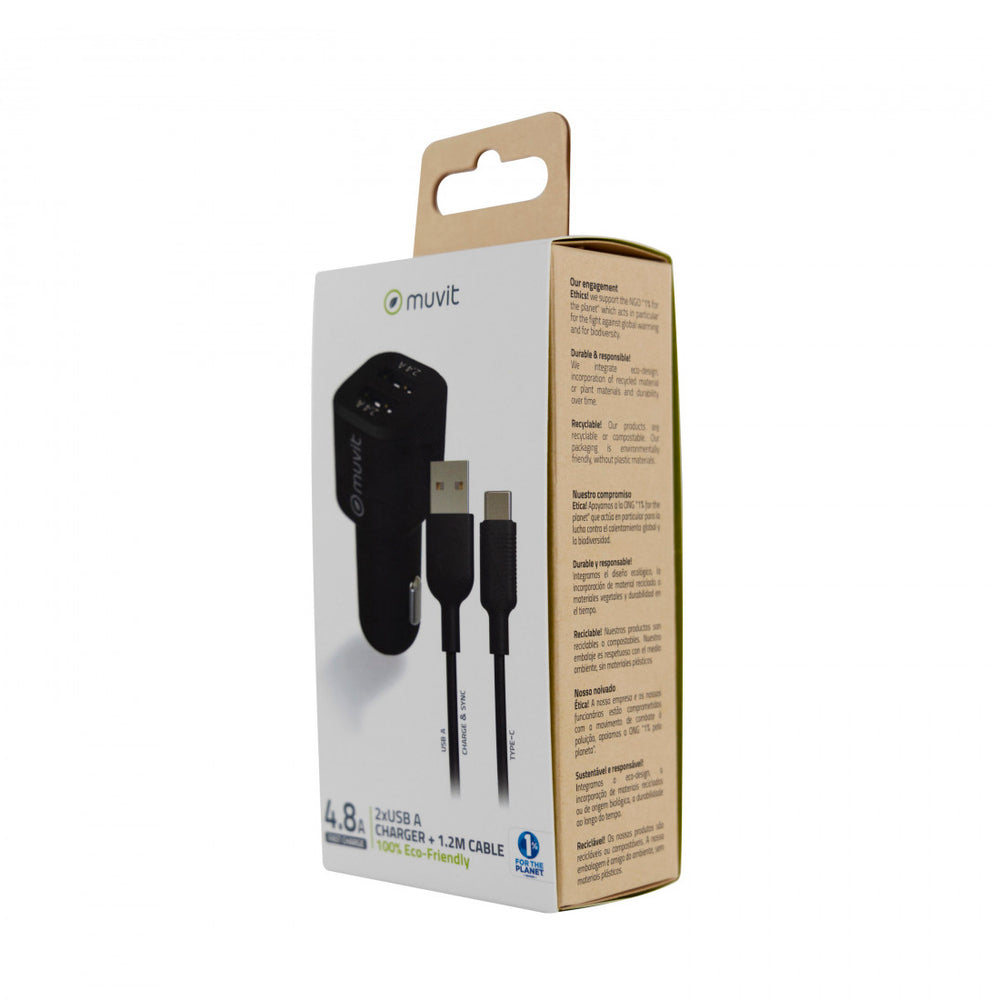 Pack Muvit for Change Cargador coche USB 2 puertos 2.4A + cable 1.2m tipo C