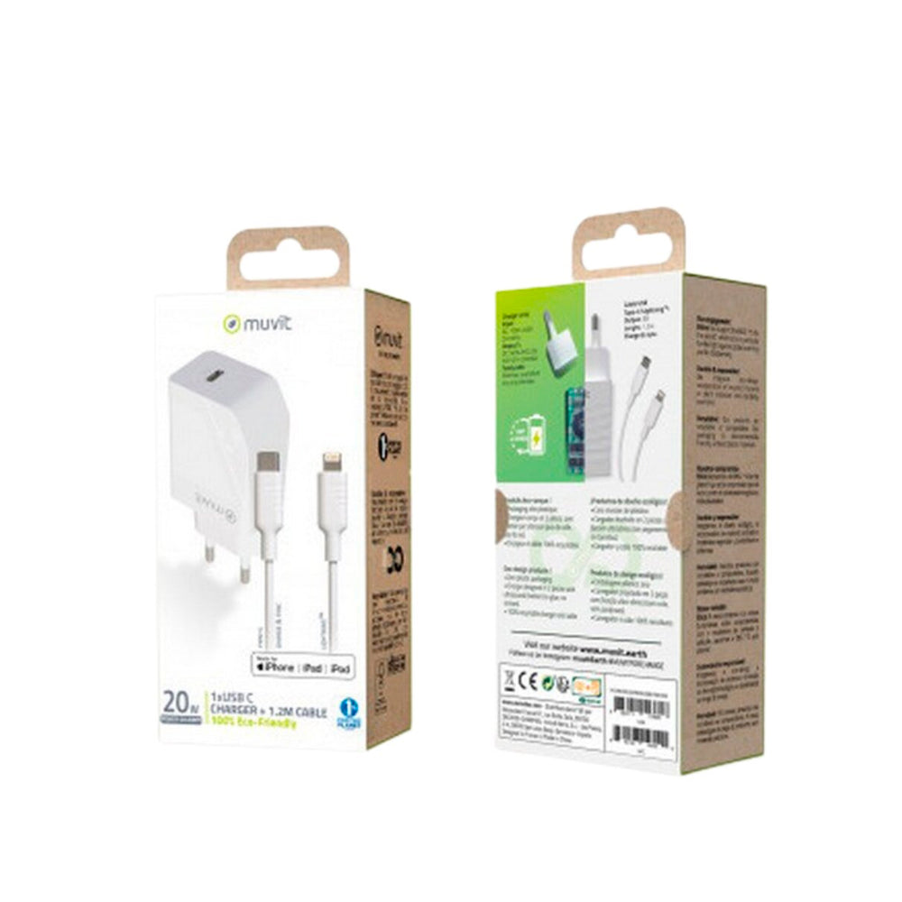 Pack Muvit for Change cargador pared Tipo C PD 20W+cable tipo C a Apple 3A