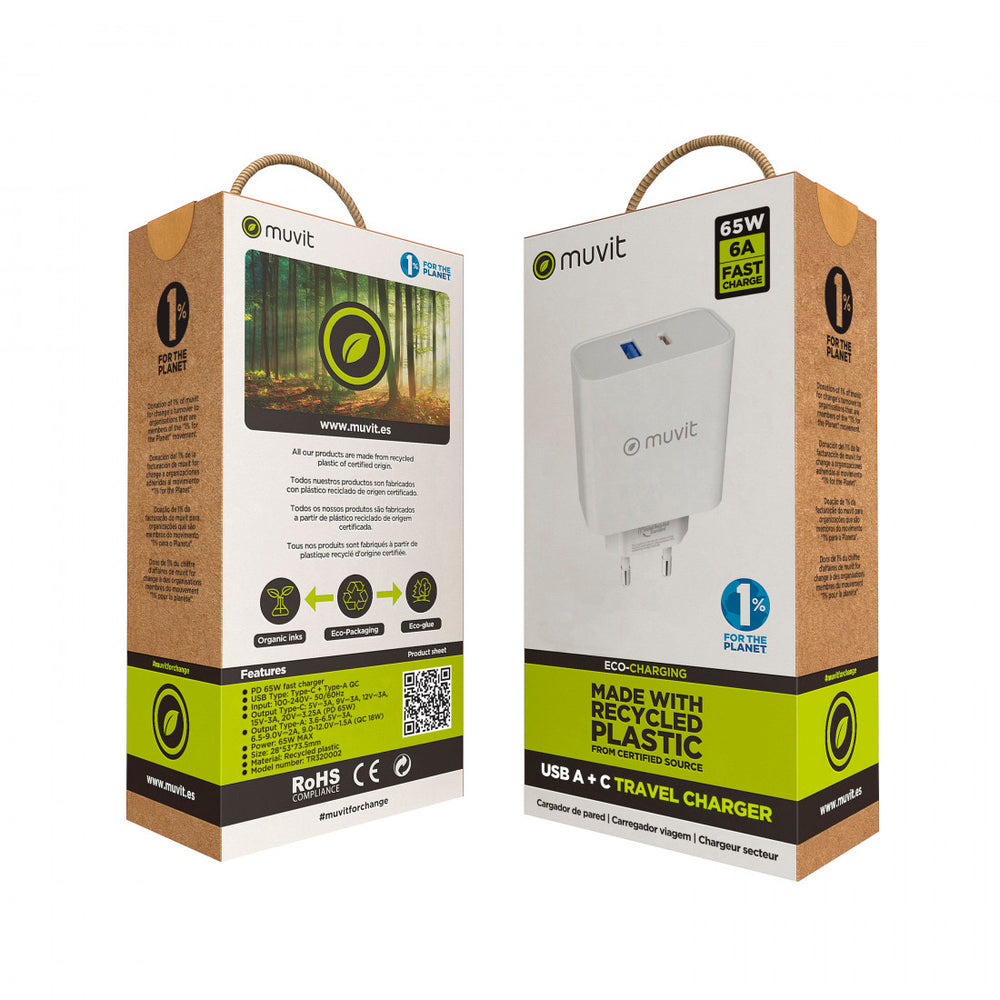 Cargador de Pared Muvit for Change 1 USB QC 3.0 18W+1 Tipo C PD 65W (NUEVO)