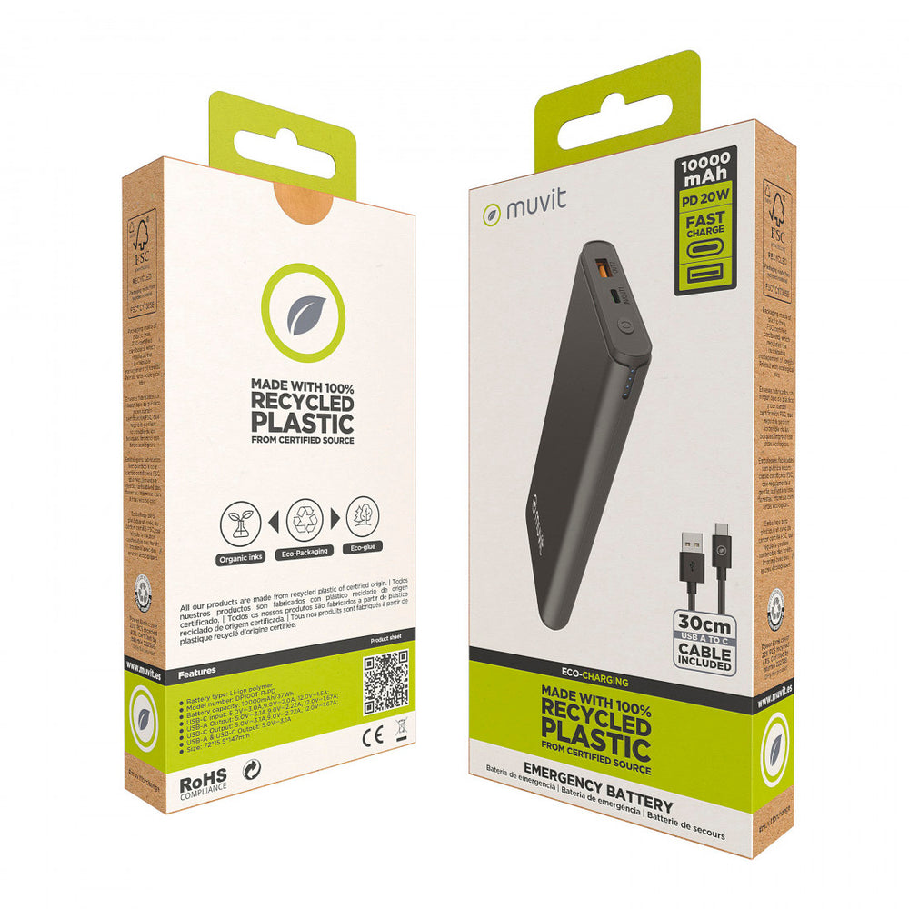 Power Bank Muvit 10000mAh USB A 2,4A + USB C PD/Output (USB A+tipo C) negro