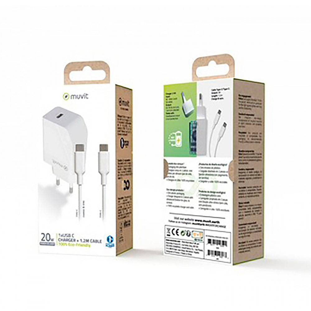 Pack Muvit for Change cargador pared Tipo C PD 20W + cable tipo C a tipo C 3A 1m