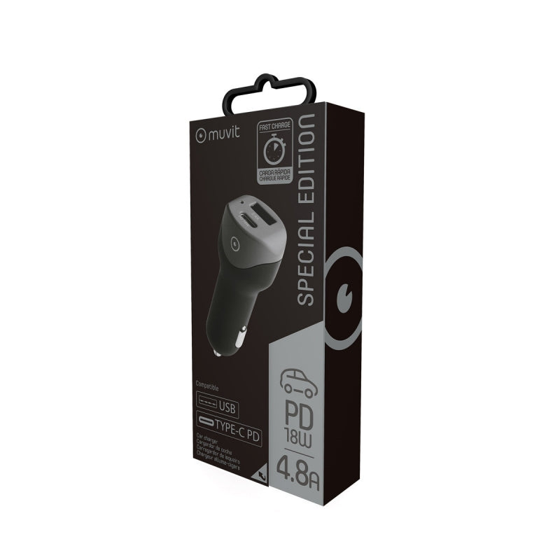 Cargador coche Muvit USB 2.4A + Tipo C PD 18W smart IC negro.