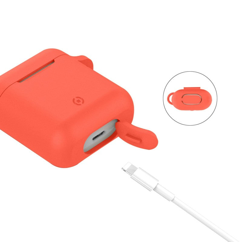 Celly Aircase Funda de Silicona Naranja para Air Pods + Ganchos Deportivos.