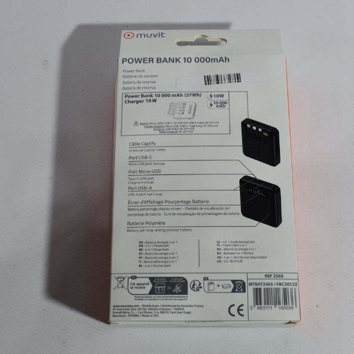 Power Bank Muvit 10000mAh con 2 USB-A + Micro USB + USB-C *Emb.dañado, nuevo*