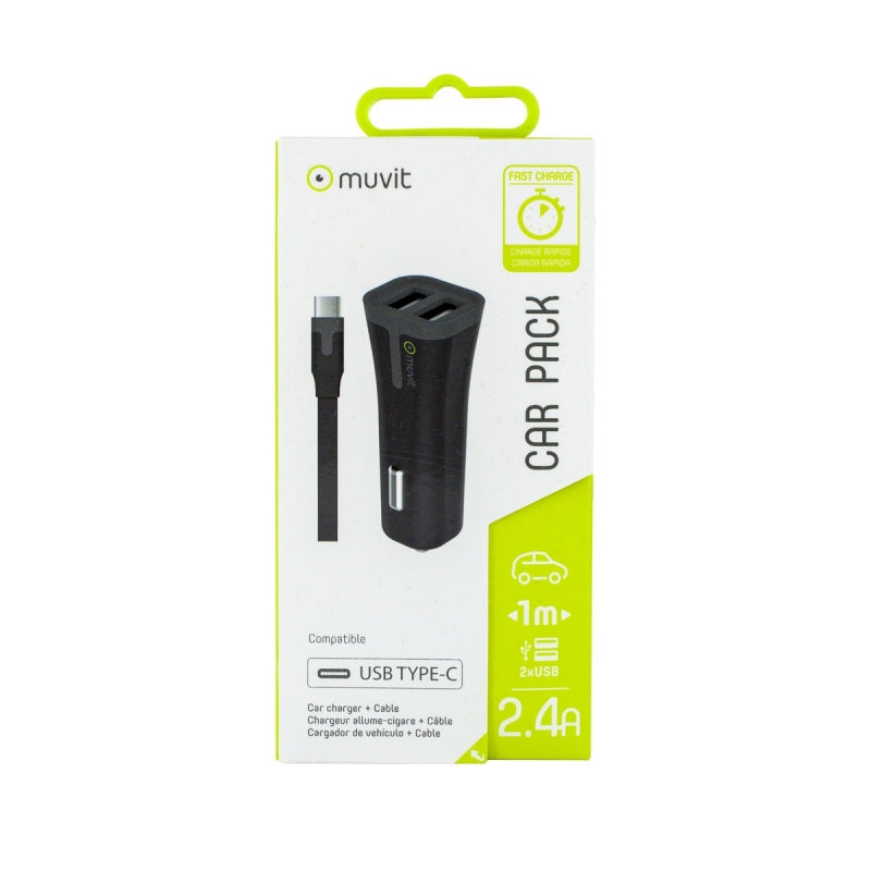 Pack Muvit Cargador coche 2 USB 2.4A negro + Cable USB-Tipo C 1m negro.