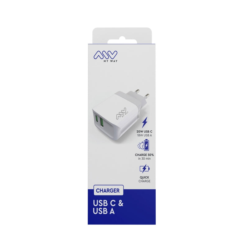 Transformador Myway 1 USB QC 3.0 18W+1 Tipo C PD 20W blanco