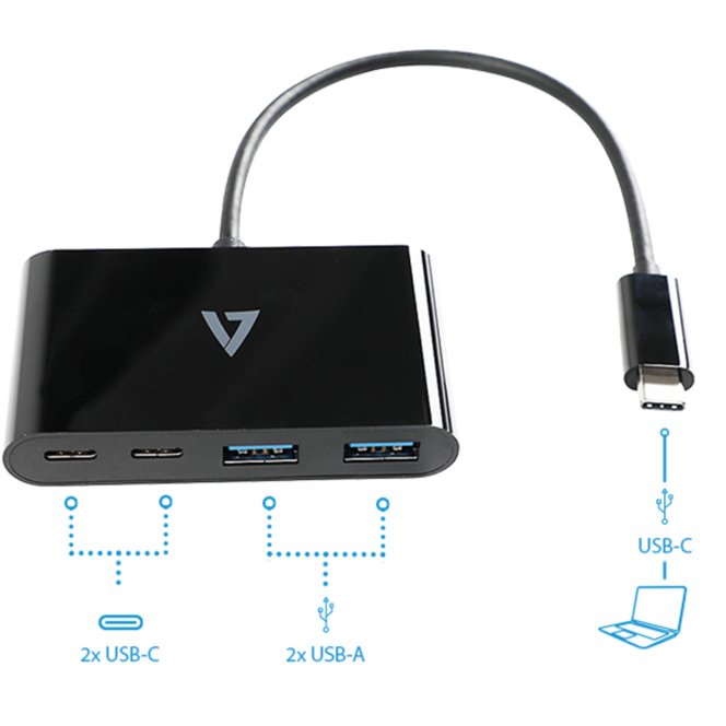 Adaptador V7 USB-C macho a 2 x USB A hembra, 2 x USB-C concentrador hembra USB