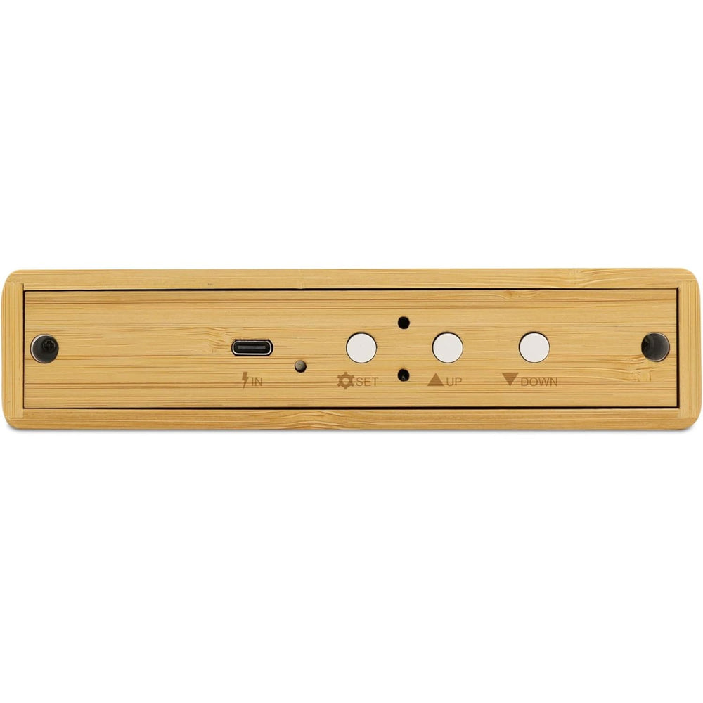 Reloj despertador de bambú con pantalla LED negra y termómetro interior