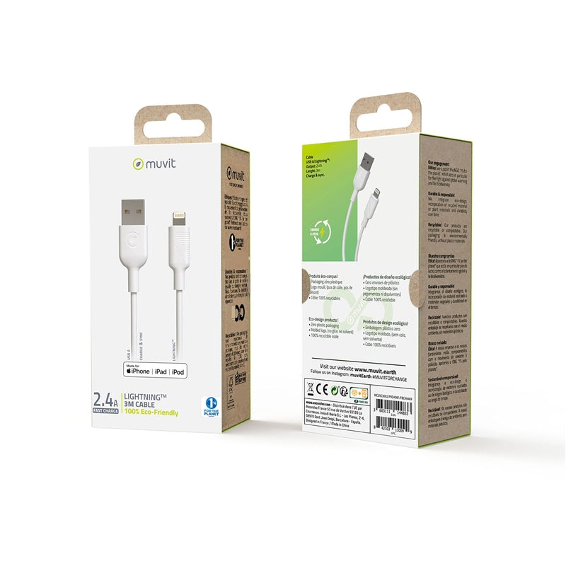 Cable Muvit for change USB a Apple MFI 2,4A 3m blanco (NUEVO)