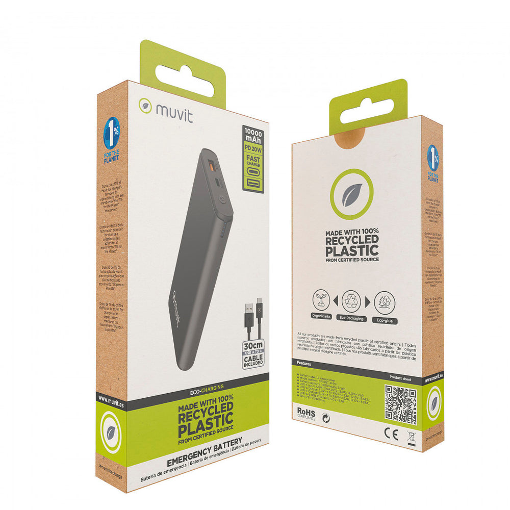 Power Bank Muvit 10000mAh USB A 2,4A + USB C PD/Output (USB A+tipo C) negro