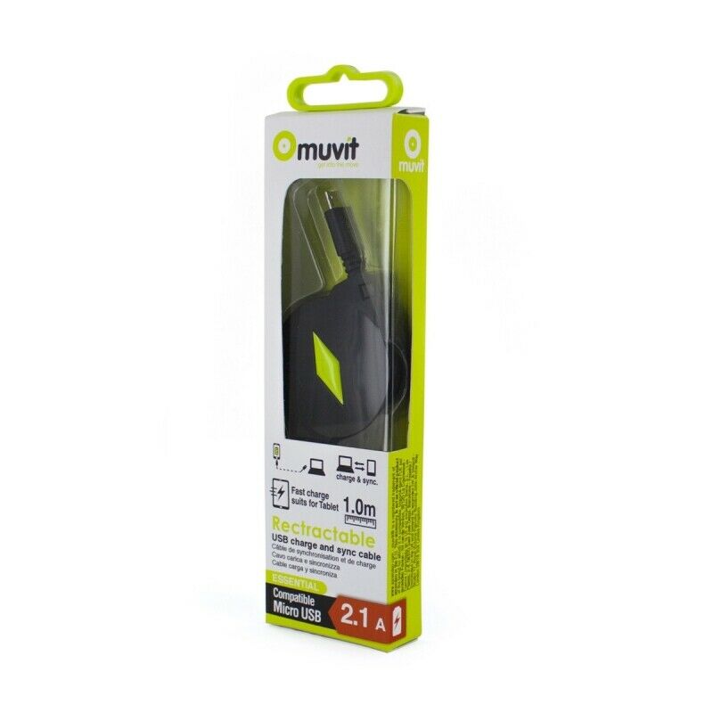 Cable Muvit USB-MicroUSB 2.1A retráctil hasta 1m negro