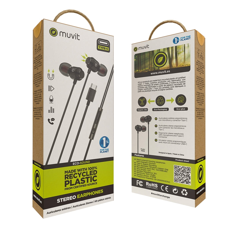 Auriculares Muvit For Change estéreo M32 Tipo C magnéticos negros