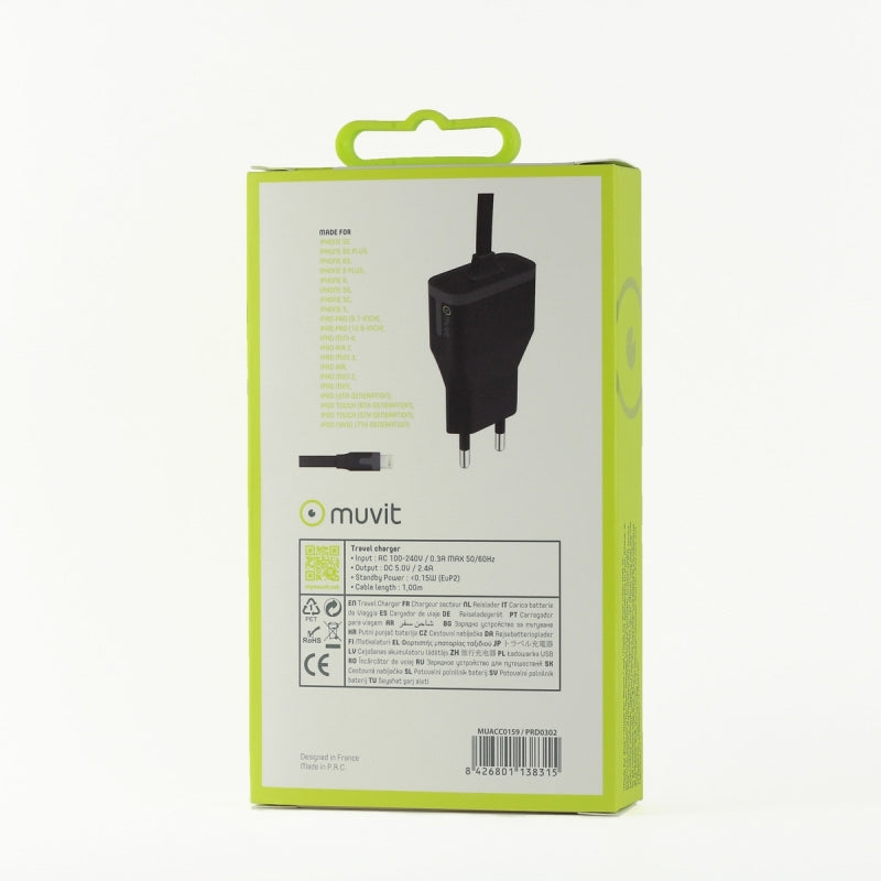 Transformador Muvit io para Apple MFI 2.4A cable 1m negro
