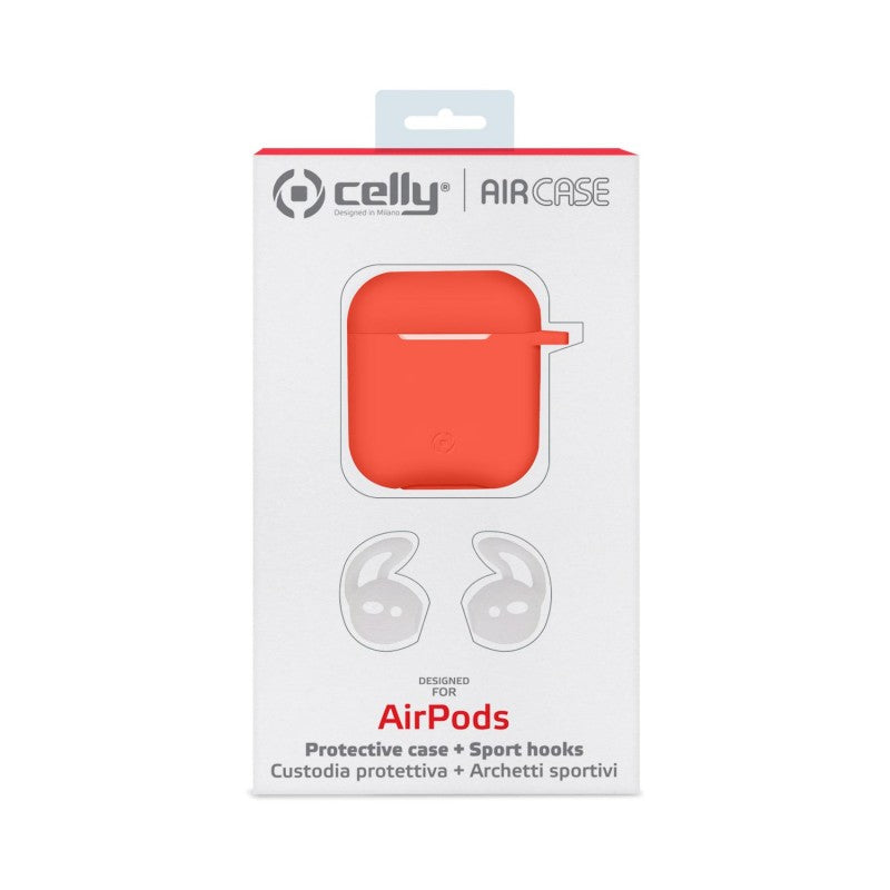 Celly Aircase Funda de Silicona Naranja para Air Pods + Ganchos Deportivos.