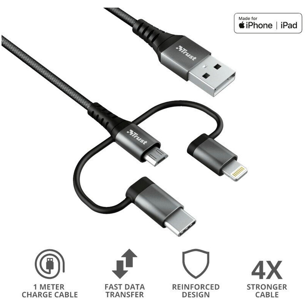 Cable Trust Keyla 3 en 1 USB-C, Lightning y Micro-USB a USB Negro 1 m