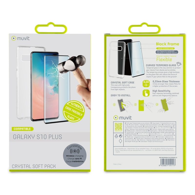 Pack Muvit para Samsung Galaxy S10+ funda Cristal Soft+protector vidrio (NUEVA)