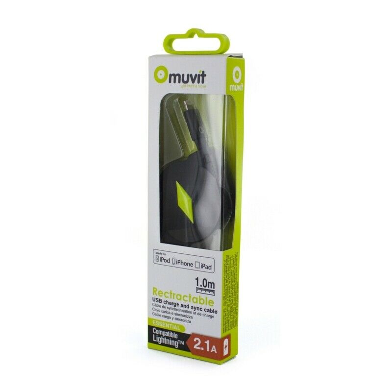Cable Muvit USB a conector 8 pins 2.1A retráctil hasta 1m negro