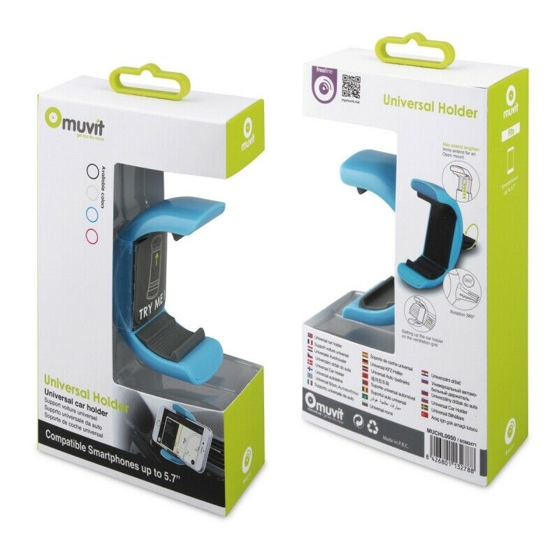 Soporte de Coche Muvit universal salida de aire rotativo 360. Hasta 5,7» azul