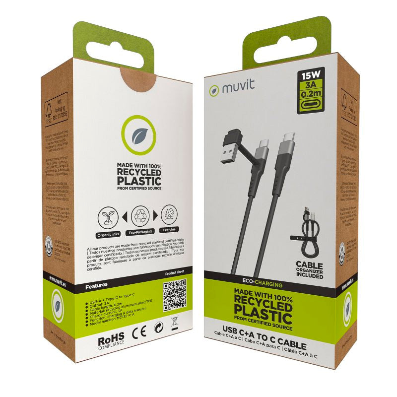 Muvit For Change Cable USB-C + USB a USB-C 3A/15w 0,2m Negro
