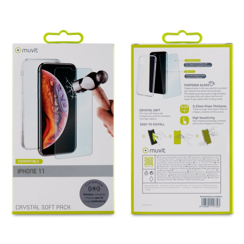Pack Muvit Apple iPhone 11 funda Cristal Soft transparente+protector pantalla.