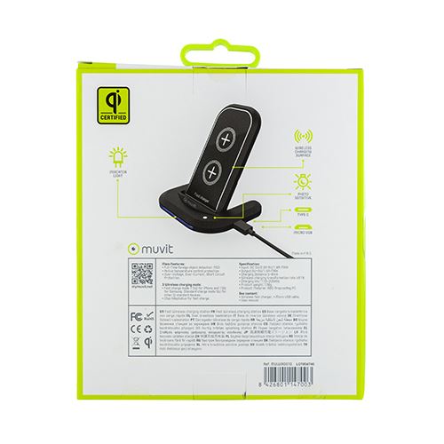 Cargador soporte sobremesa inalámbrico Muvit iO Qi 5W/7,5W/10W 2A negro (NUEVO)