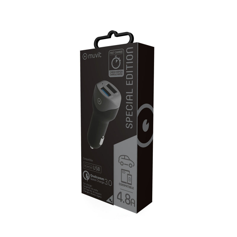 Cargador coche Muvit 2 USB Qualcomm QC 3.0 + 2.4A smart IC negro.