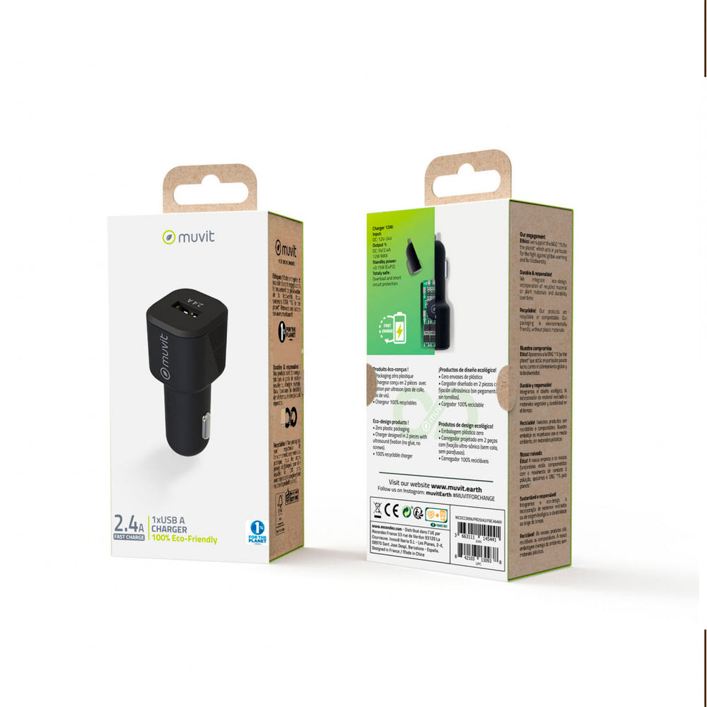 Cargador coche Muvit for Change USB 2,4A 12W negro