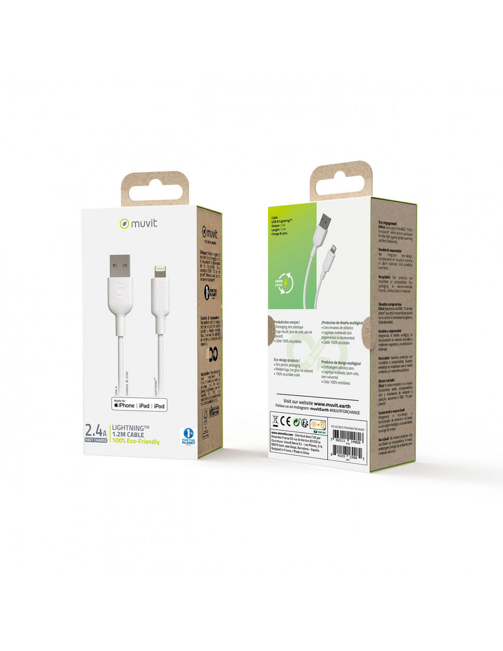Cable Muvit for change USB a Apple MFI 2,4A 1,2m blanco (NUEVO)