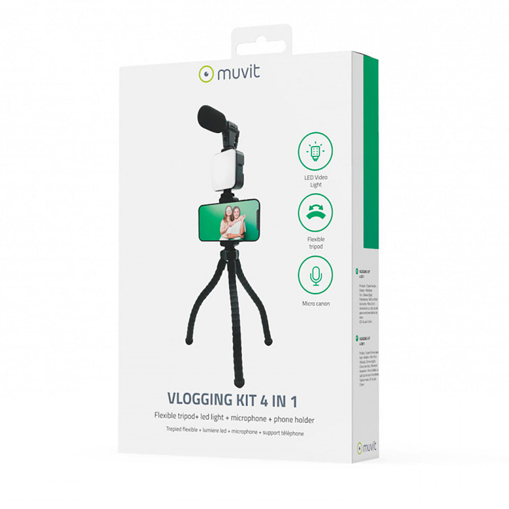 Muvit Vlogging Kit 4 en 1 Trípode Flexible + Luz LED + Micrófono + Soporte móvil