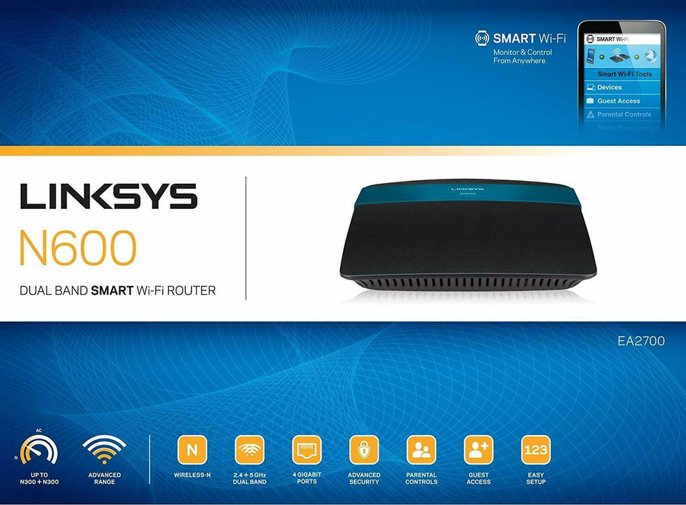 Linksys Router Ea 2700 N-600 Smart Wifi **No incluye manual ni software**.