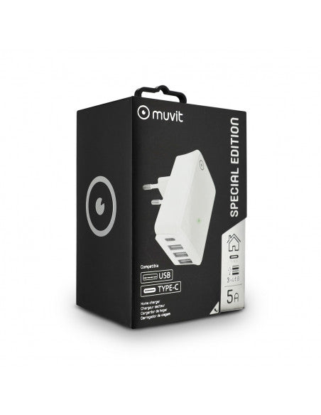 Transformador Universal Muvit 3 USB + 1 Tipo C 5V/5A carga inteligente blanco