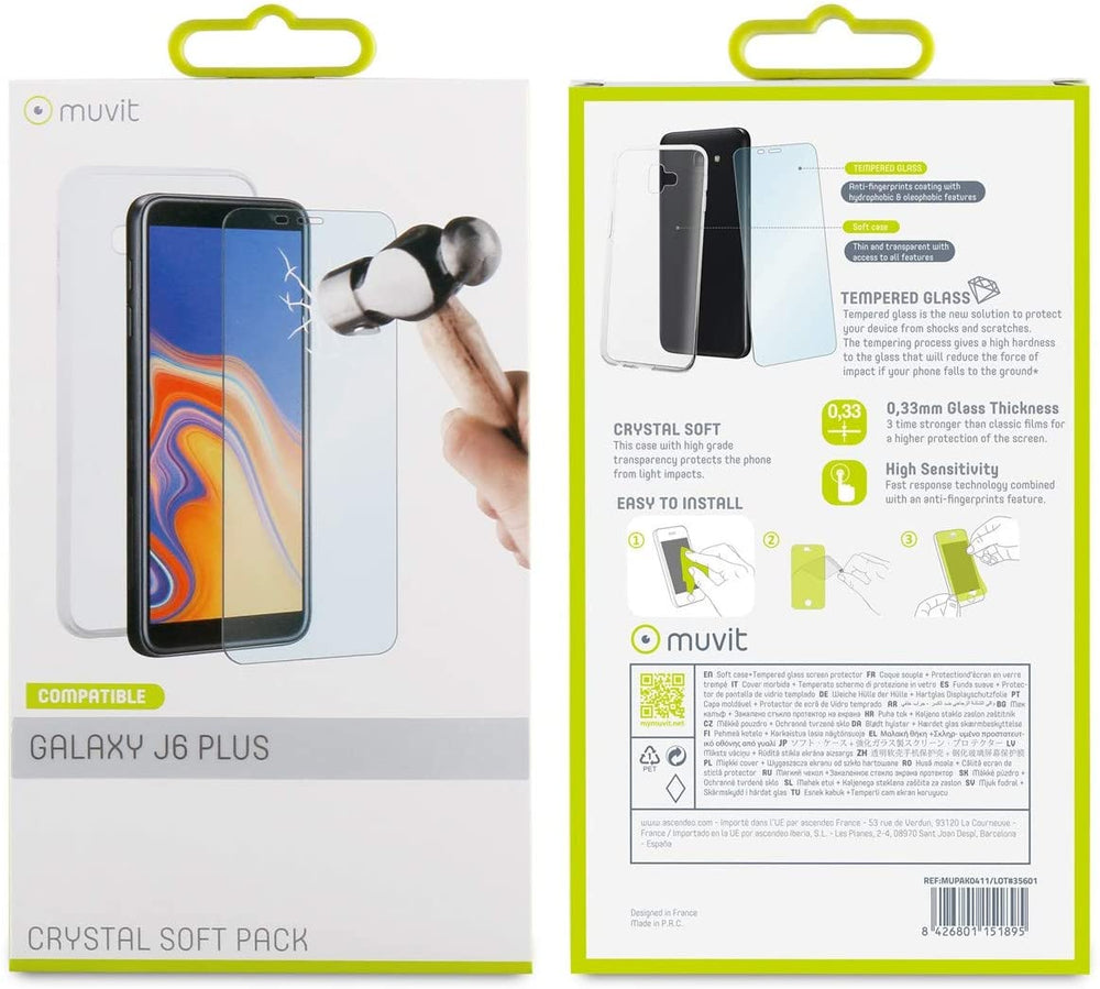 Pack Muvit Samsung Galaxy J6+ funda Cristal Soft transparente + protector vidrio