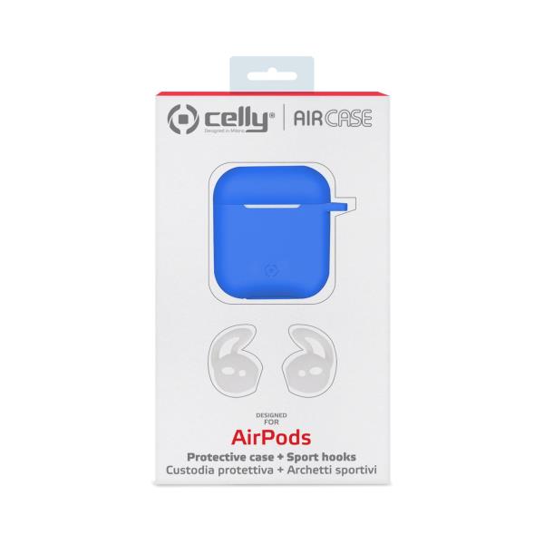 Celly Aircase Funda de Silicona Azul para Air Pods + Ganchos Deportivos.