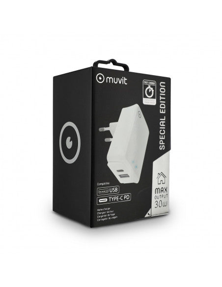 Transformador Muvit 1 USB QC3.0 18W max + Tipo C PD QC 3.0 27W. Para IPhone 12