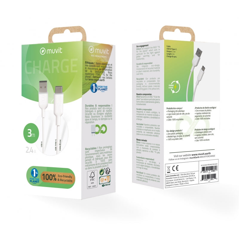 Cable Muvit for change USB a Tipo C 3A 3m blanco