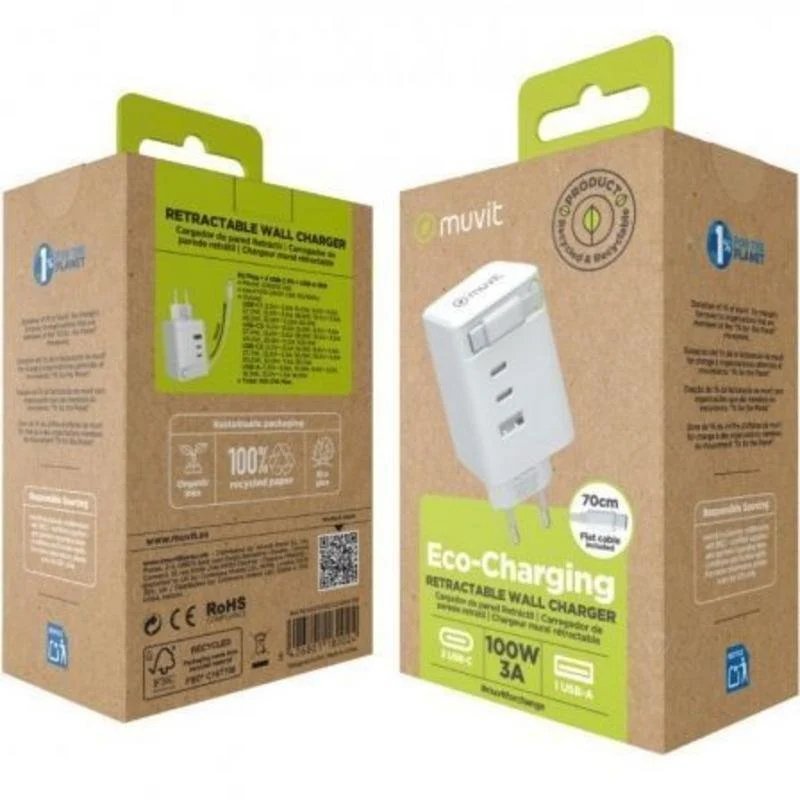 Cargador de pared Muvit For Change 100 W 3 USB-C 1 USB-A con cable retractil