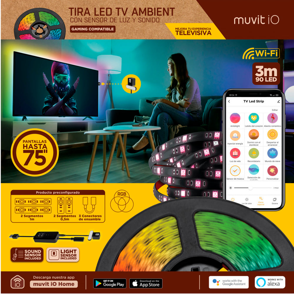 Muvit iO Tira LED USB WiFi TV RGB 3m con sensor ambiental y de sonido*Sin manual