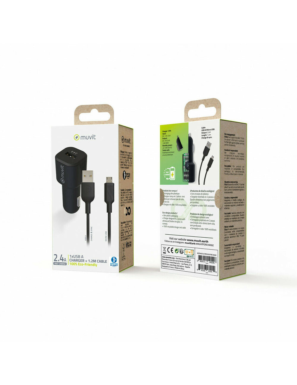 Pack Muvit for Change Cargador coche USB 2.4A 12W + cable Micro USB 2.4A 1,2m.