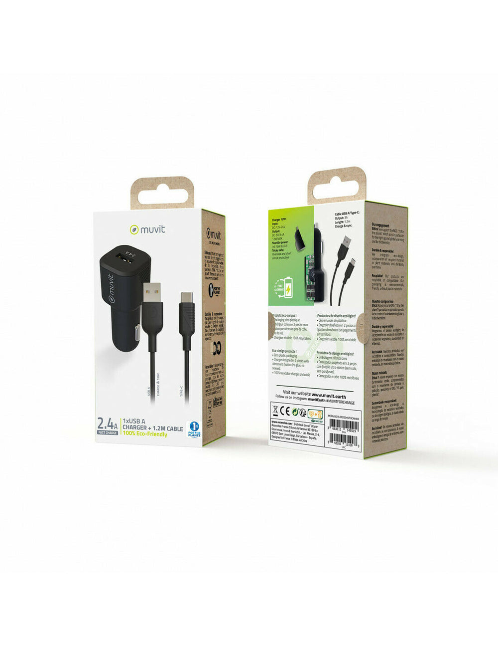 Pack Muvit for Change Cargador coche USB 12W + Cable Tipo C 3A 1,2m negro