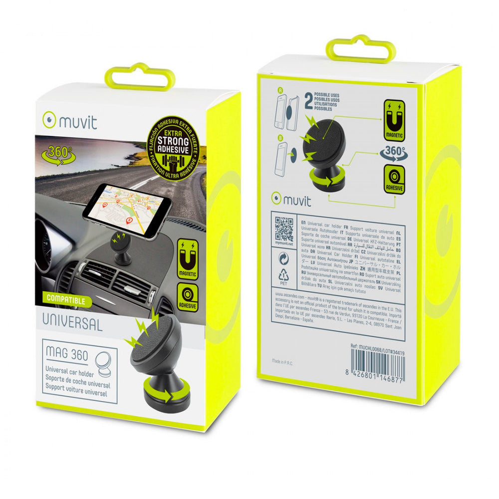 Soporte de Coche Muvit universal para salpicadero magnético rotativo 360 Negro