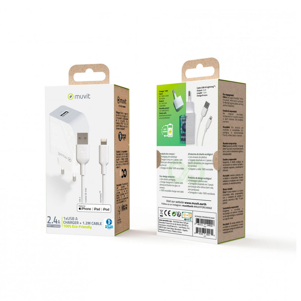 Pack Muvit for Change cargador pared USB 2.4A + cable Apple MFI 2.4A 1,2m