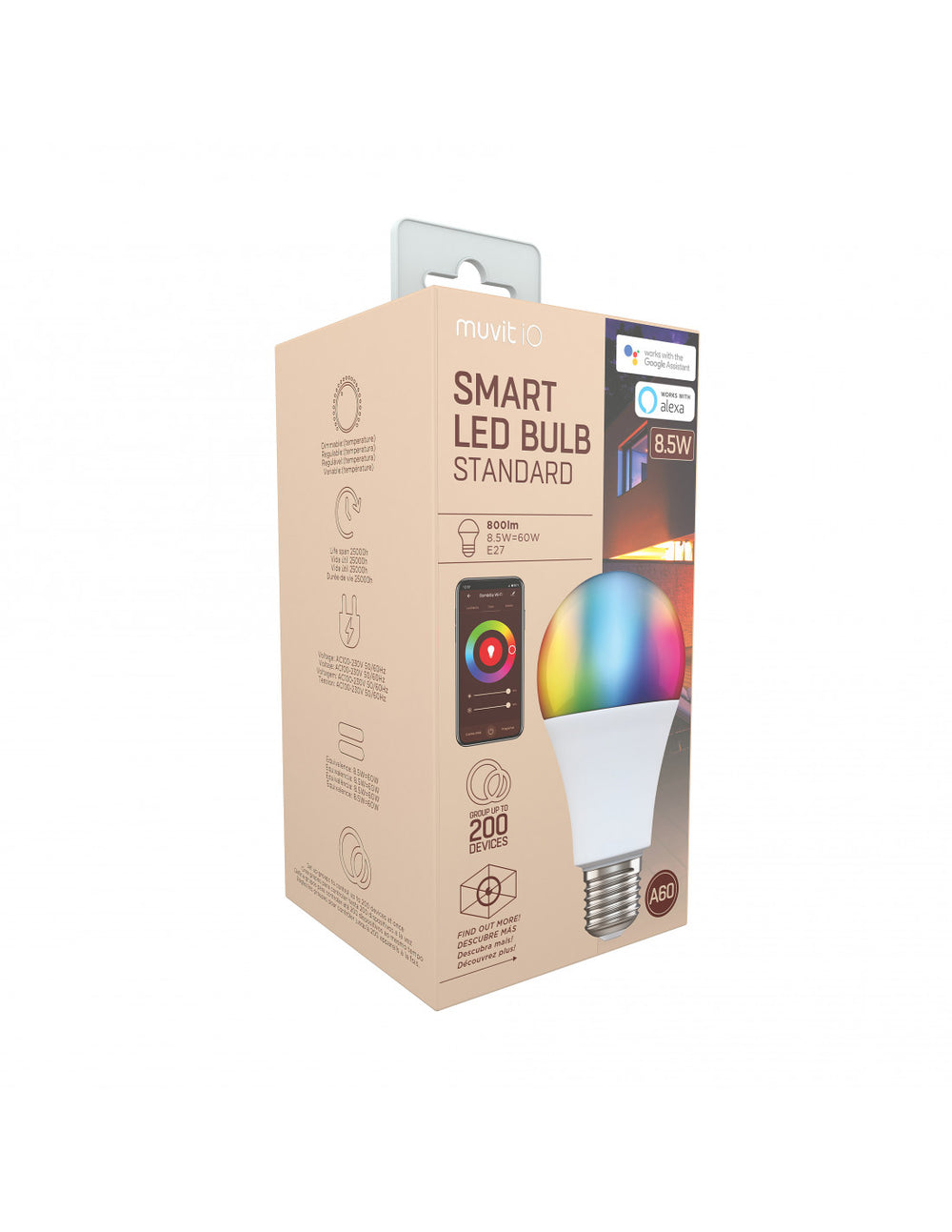 Bombilla inteligente Muvit A60 E27/8,5W/800lm RGB+BlancosD60*H110