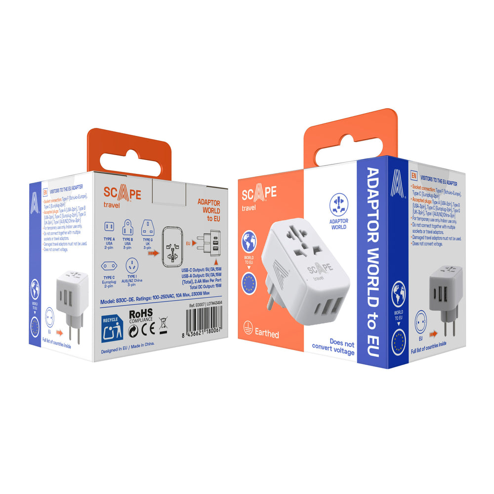Scape Travel Adaptador de viaje Internacional a Schuko con 1 USB-C + 2 USB-A 15W