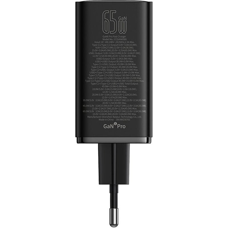 Cargador rápido Baseus GaN6 Pro de 4 puertos 65W 2 USB-A and 2 USB-C Negro