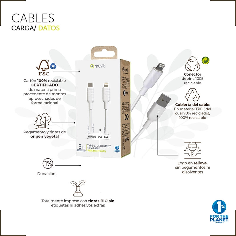 Cable Muvit for change USB a Apple MFI 2,4A 3m blanco (NUEVO)