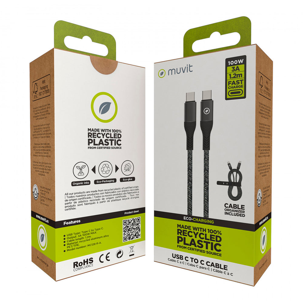 Cable Muvit for Change Tipo C a Tipo C 5A/100W 1.2m resistente negro