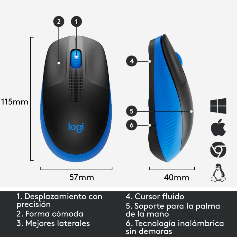 Logitech M190 Ratón Inalámbrico Full Size 1000DPI Azul Usado
