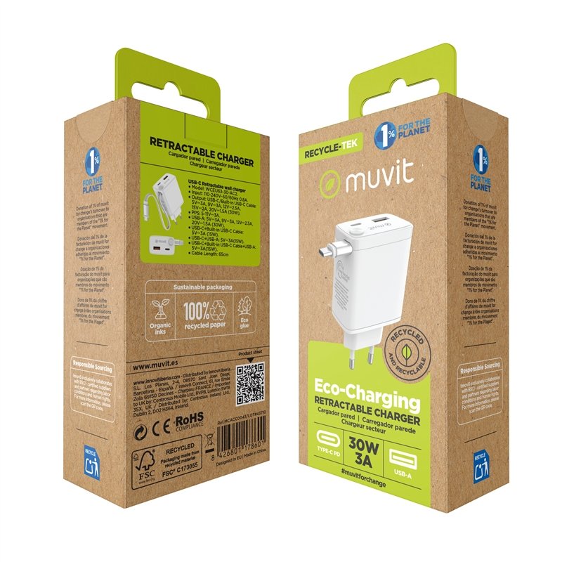 Cargador de Pared Muvit for Change Retráctil Tipo C PD 30W blanco Usado